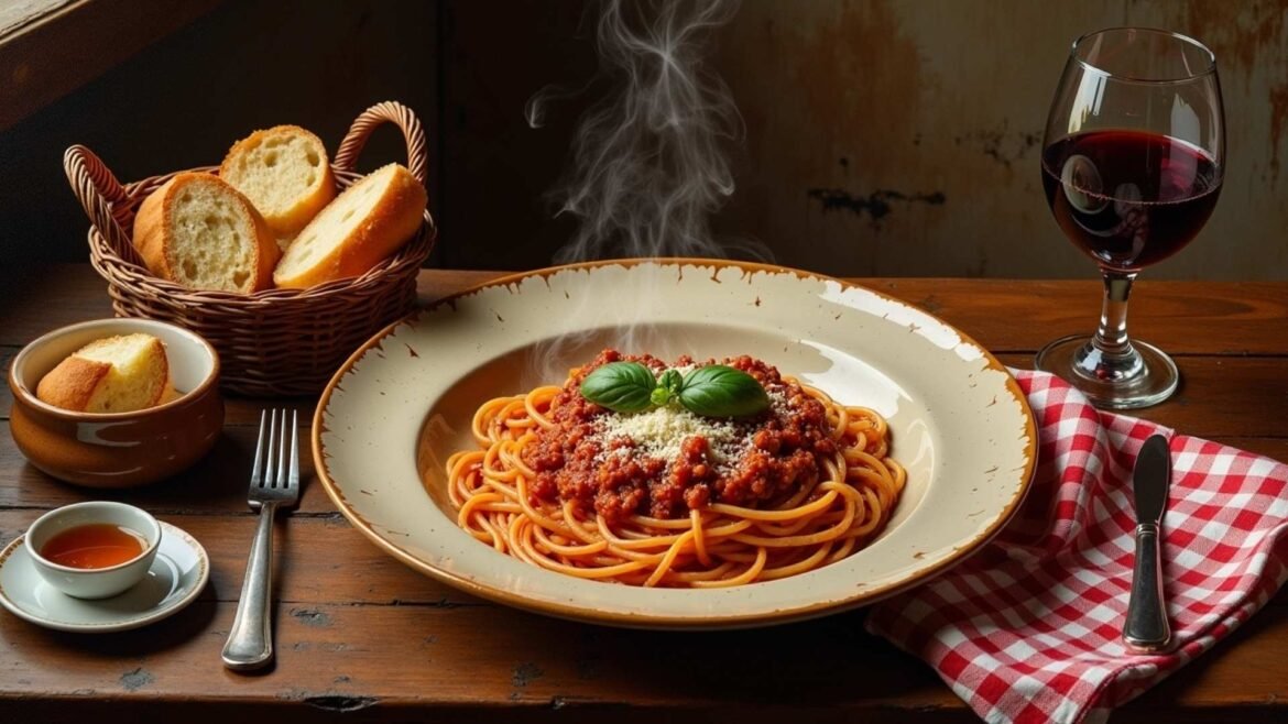 A steaming plate of classic spaghetti Bolognese topped with parmesan and basil, served with red wine and bread on a rustic wooden table.
