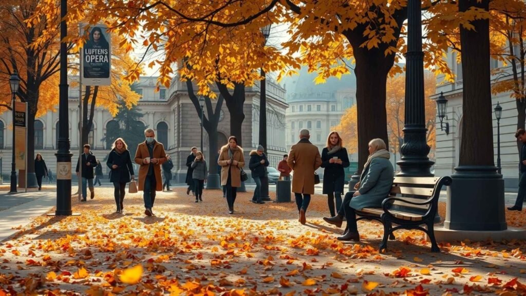 People walking through a Vienna city boulevard covered in fallen autumn leaves, with golden-orange trees and historic buildings in the background.