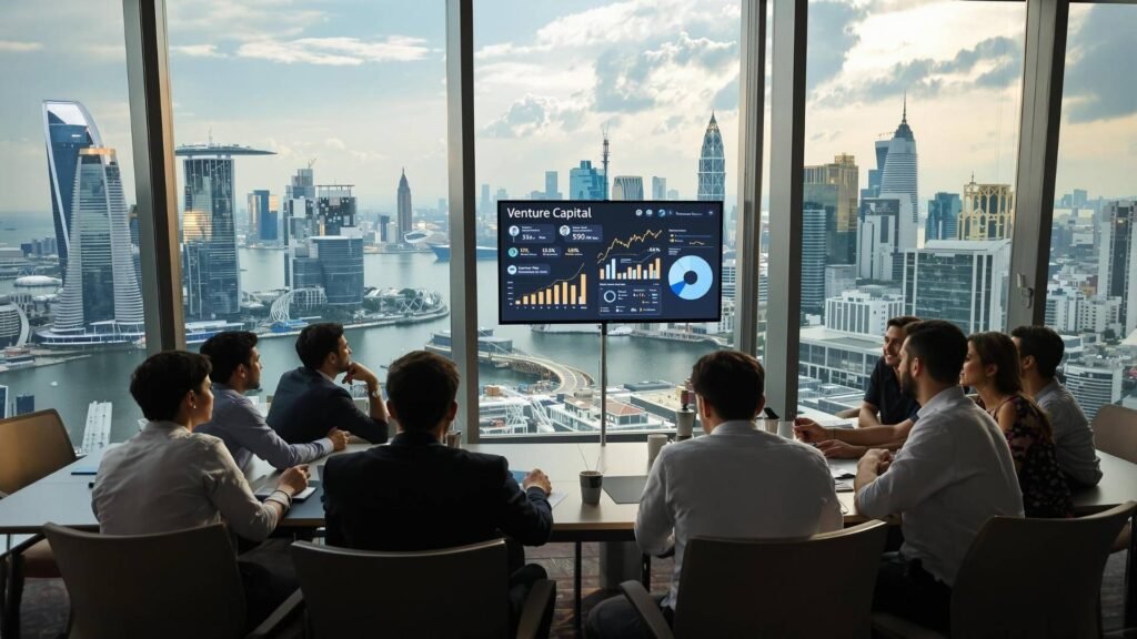 Business professionals in a high-rise conference room analyzing venture capital data with a panoramic city skyline in the background.