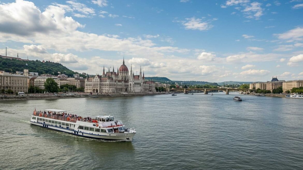 Daytime sightseeing boat cruising along the Danube River in Budapest, with Parliament and Chain Bridge in the background.