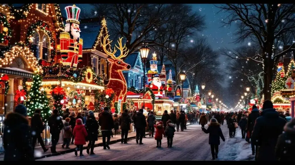A festive Christmas street market at night, with people walking under falling snow, surrounded by colorful lights, decorations, giant toy soldiers, reindeer displays, and holiday stalls.