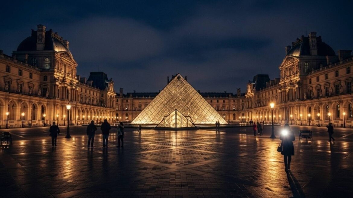 Night view of the illuminated glass pyramid at the Louvre Museum in Paris, with reflections on the wet courtyard and visitors admiring the structure.