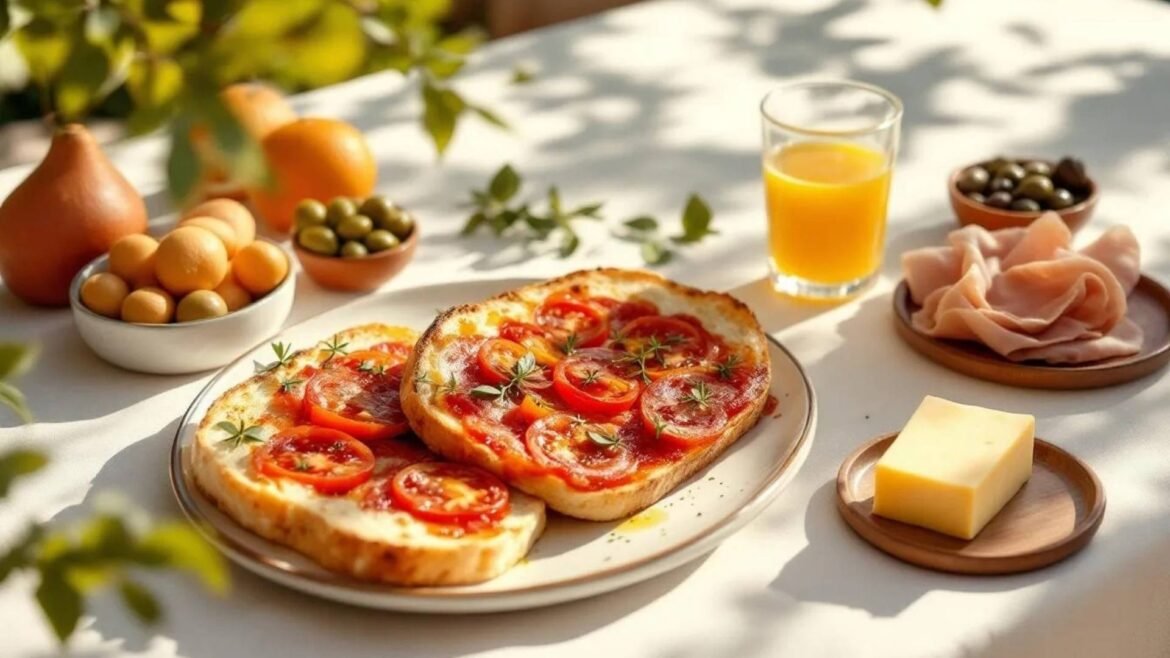 Close-up of Pa amb Tomàquet, traditional Catalan tomato bread made with toasted rustic bread, ripe tomato, garlic, and olive oil, served on a wooden board with sea salt