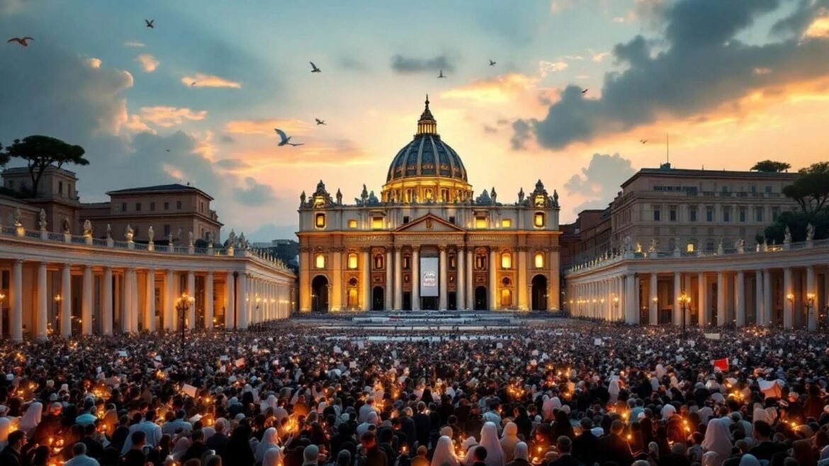 Thousands of pilgrims with candles and flags gathered in St. Peter’s Square in front of the illuminated St. Peter’s Basilica during the 2025 Jubilee Year celebrations in Vatican City.