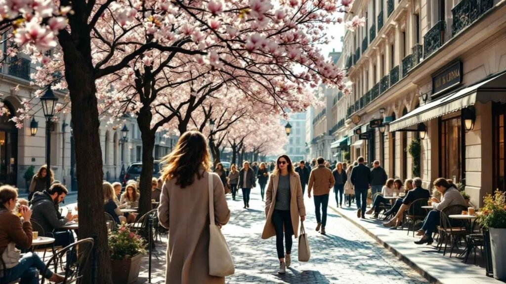People walking along a charming Vienna street lined with blooming cherry blossom trees and outdoor cafés on a sunny spring day.