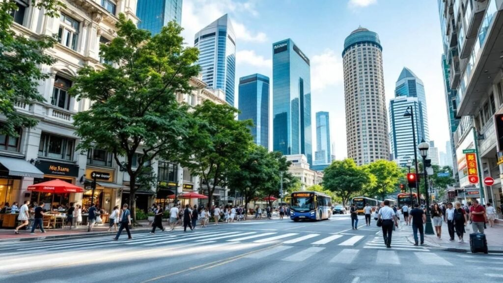Modern skyscrapers and a busy pedestrian street in Singapore center with people walking, buses passing, and outdoor cafés.