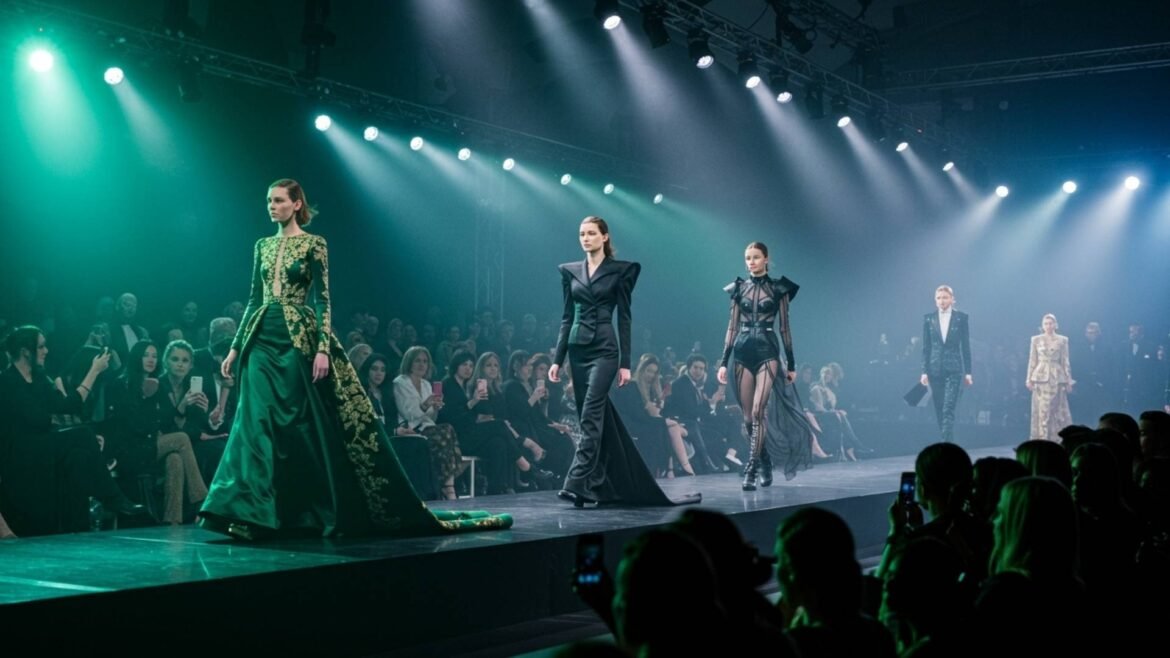 Three models in striking couture outfits walking down a dramatically lit runway at London Fashion Week night show