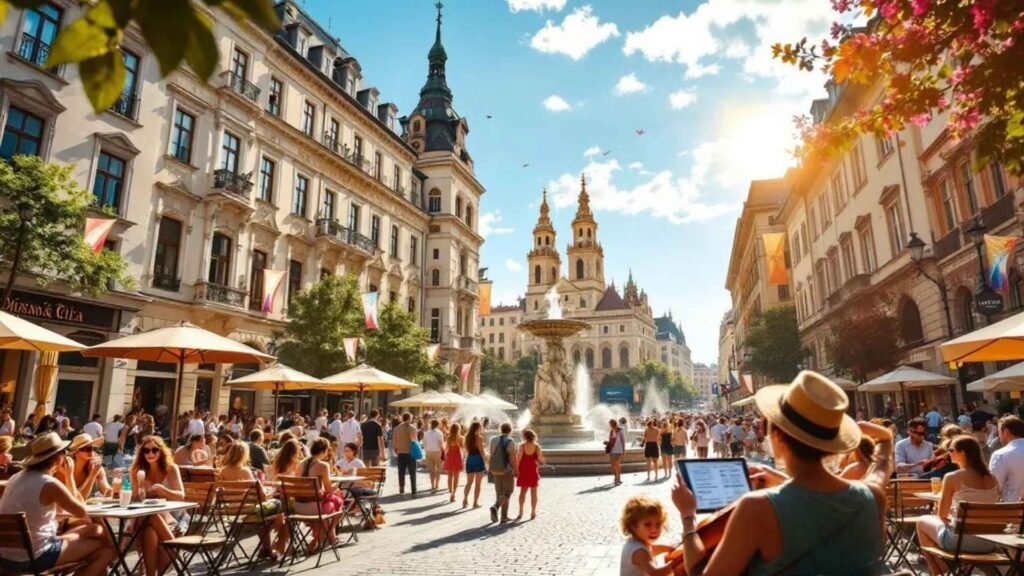 A lively Viennay square filled with people dining at outdoor cafés, walking by a historic fountain, and enjoying a sunny summer day under blue skies.