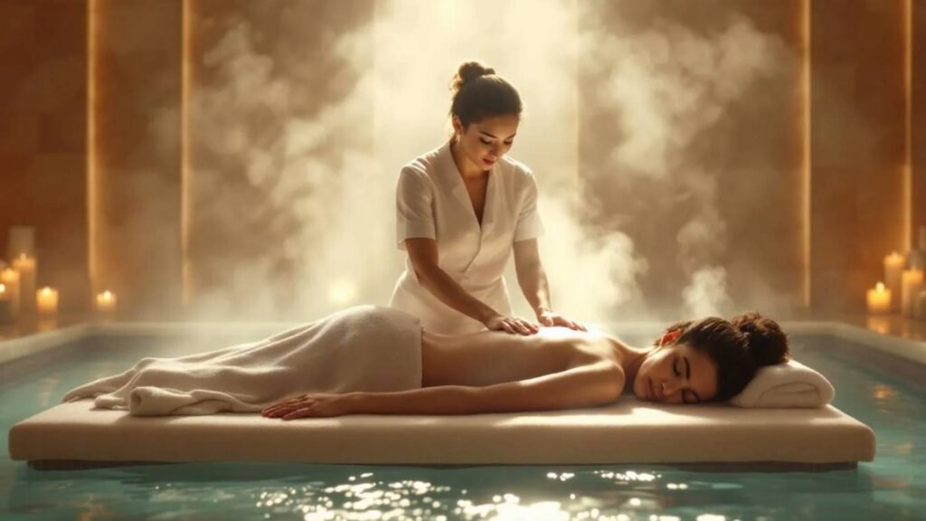A peaceful spa scene with a woman receiving a back massage while lying on a massage bed surrounded by warm steam and candlelight in a tranquil wellness center.