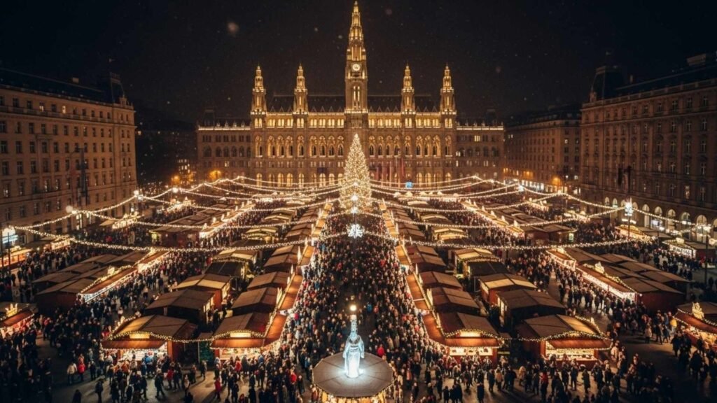 Aerial view of Vienna's illuminated Christmas market at Rathausplatz with a giant Christmas tree and crowds enjoying the festive night atmosphere.