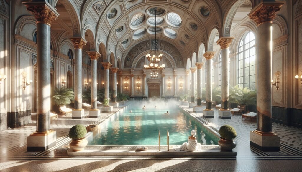 Elegant indoor thermal spa with classical Roman-style columns, a steaming pool, and a woman in a towel sitting by the water in a sunlit, opulent setting.