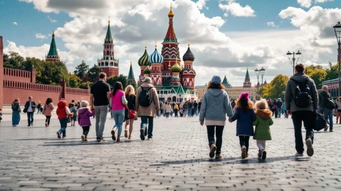 People walking and taking photos in Moscow’s Red Square with St. Basil’s Cathedral in the background.