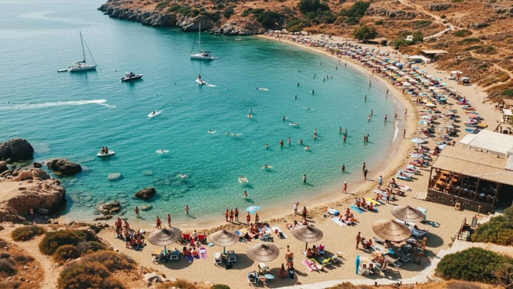 Aerial image of Agathi Beach with sunbathers, swimmers, and anchored boats on a sunny afternoon in Rhodes, Greece