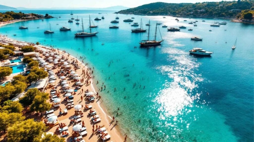 Drone view of Alaçatı beach club with full white loungers, turquoise waters, swimmers, and yachts under a bright summer sky.