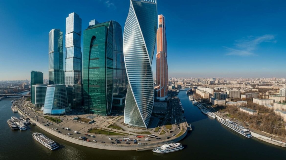 Photorealistic aerial drone photo of Moscow city at sunset, with glass skyscrapers shining in the sunlight, the Moscow River curving on the horizon and cars passing by on illuminated bridges.