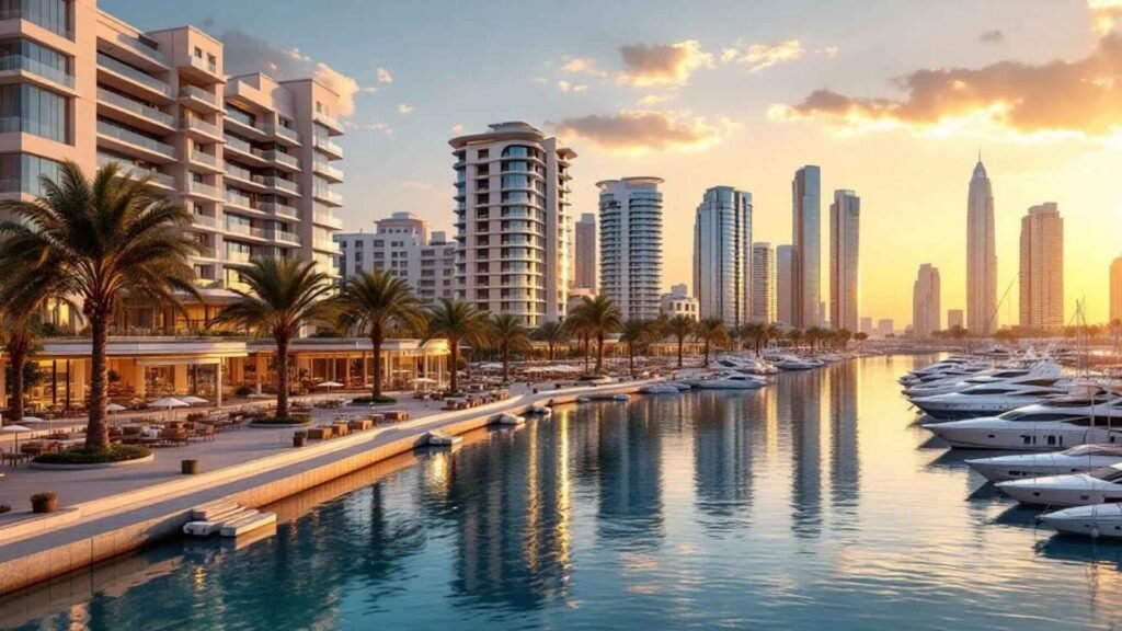 Aerial view of Doha at sunset showing The Pearl-Qatar, Lusail City, and West Bay