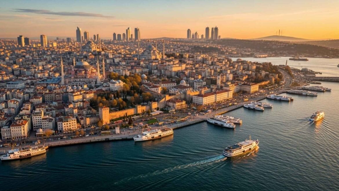 Modern villa with infinity pool and Bosphorus Bridge view in Istanbul during golden hour.