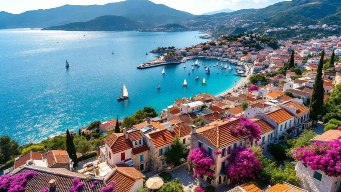 Drone view of Alaçatı showing stone houses, narrow streets, turquoise sea, and surrounding hills with olive groves.