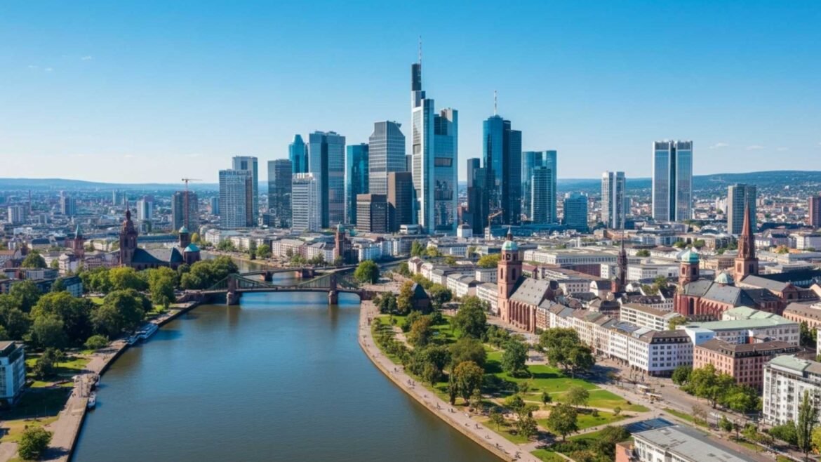 A high-resolution aerial image of Frankfurt, Germany, showcasing the city’s modern skyline, historical buildings, and the Main River under clear blue skies.