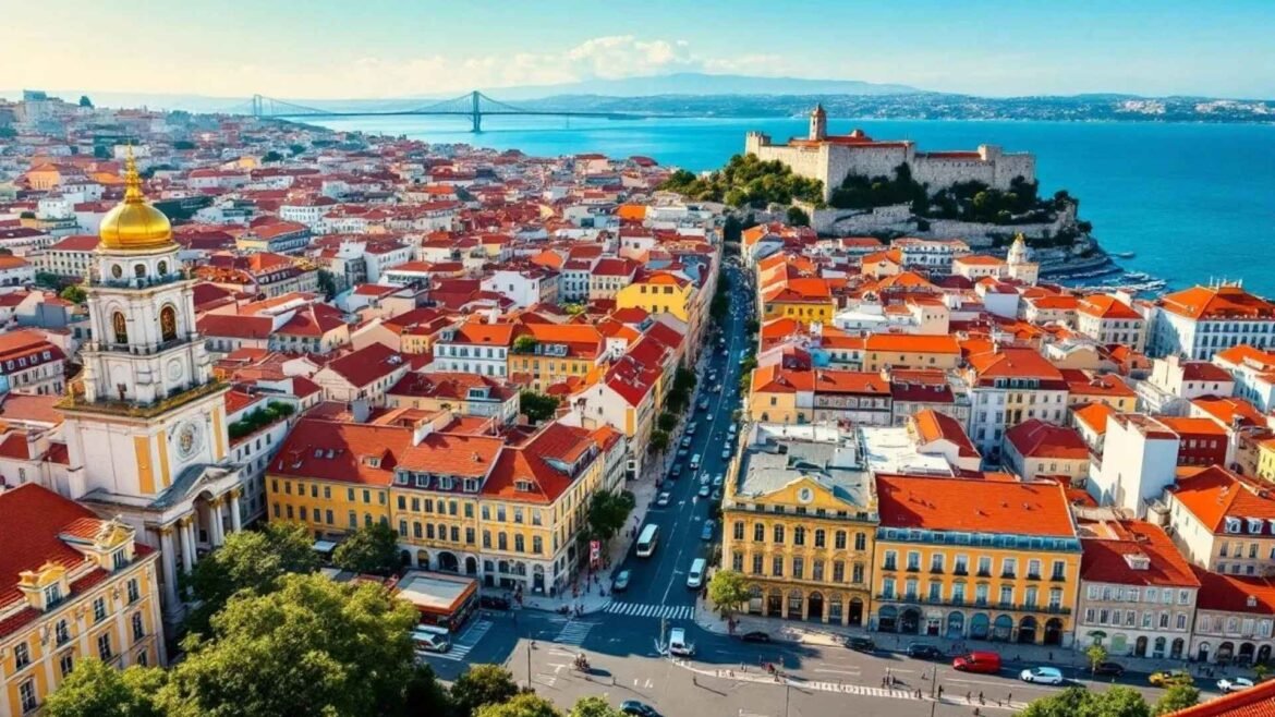 Aerial cityscape of Lisbon, Portugal, featuring red-tiled rooftops, historic buildings, the Tagus River, and the 25 de Abril Bridge under a clear blue sky.