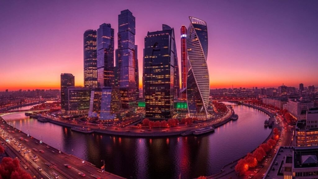 Modern glass skyscrapers of Moscow City with river reflections at sunset.