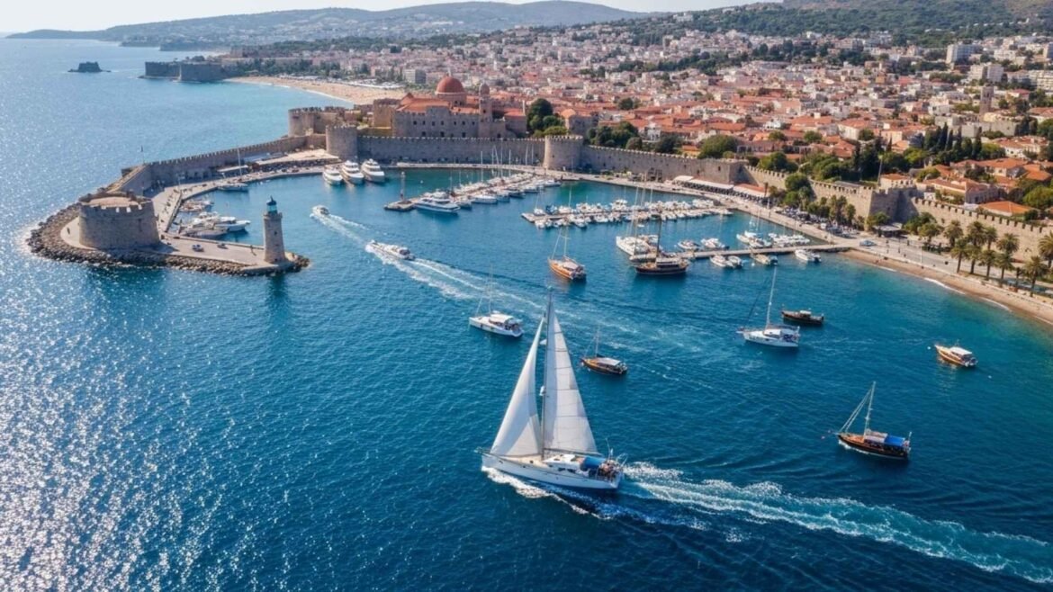 Drone view of multiple sailing boats near Rhodes Island with the medieval Old Town and harbor walls visible