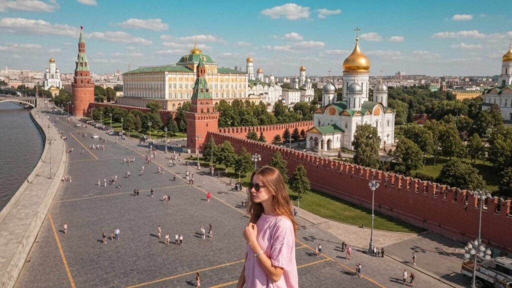 The Kremlin complex with golden-domed cathedrals and fortress walls seen from above.