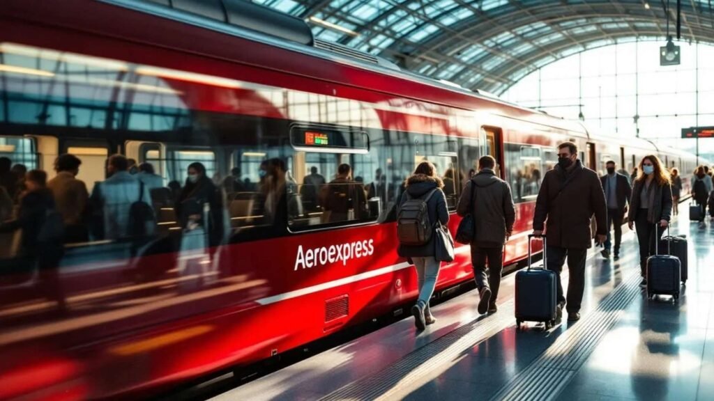 Passengers boarding the red Aeroexpress train at Sheremetyevo Airport station in Moscow.