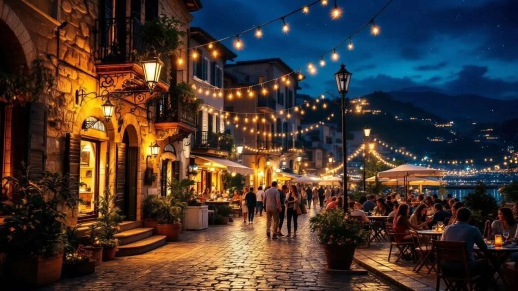 Fairy-lit Alaçatı streets at night with outdoor dining, live music, and bustling atmosphere.