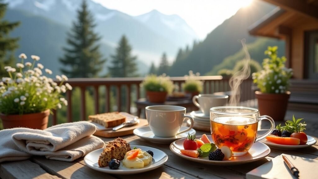 A rustic breakfast table set on a wooden terrace in the Swiss Alps, featuring herbal tea, goat yogurt granola with berries, mountain cheeses, and biodynamic vegetables, with morning mist over snow-capped peaks in the background.