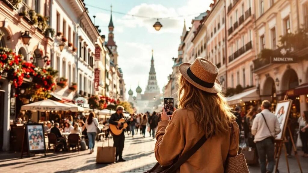 Tourists and locals walking along Arbat Street with cafés, artists, and performers.