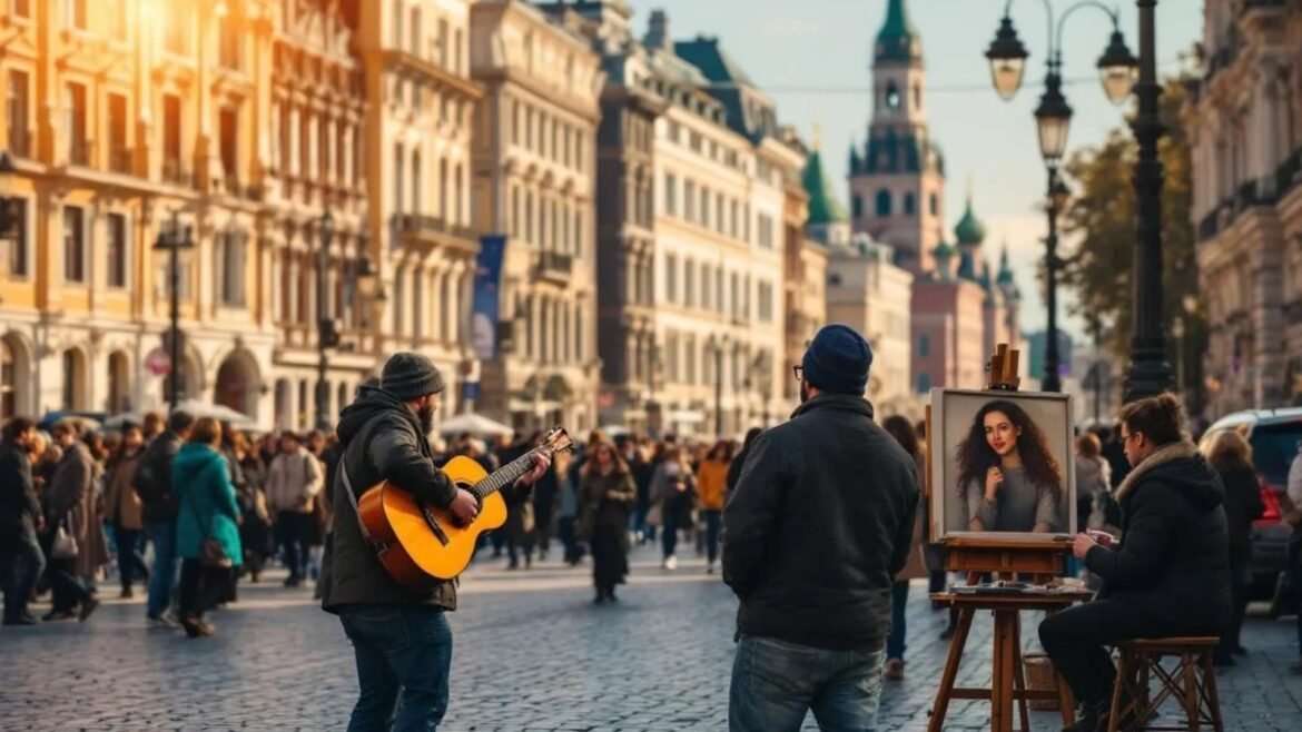 Tourists and locals walking along Arbat Street in Moscow with musicians, artists, and pastel-colored historic buildings.