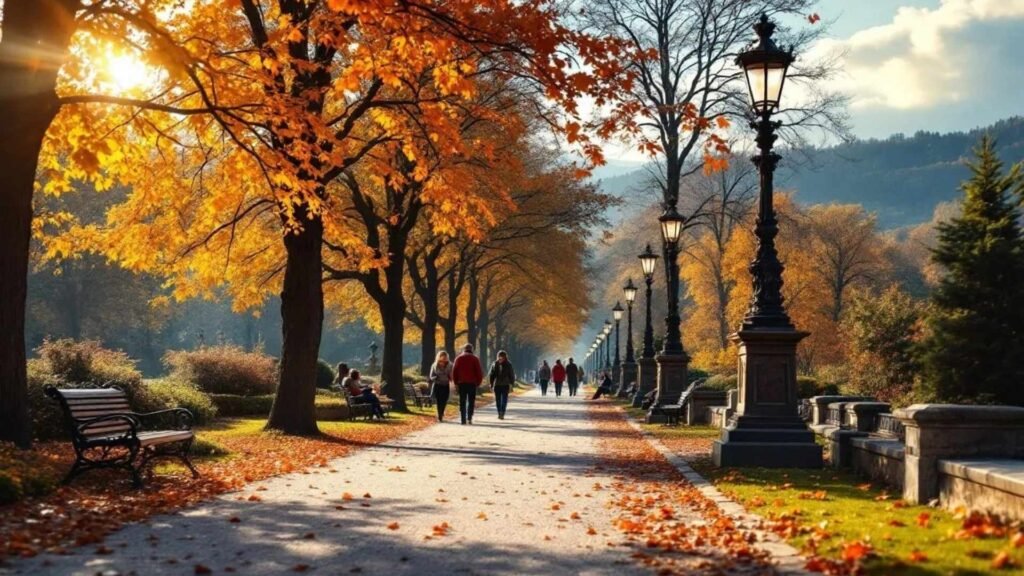 People strolling and sitting on benches along Lichtentaler Allee in Baden-Baden during autumn with colorful foliage and fallen leaves.