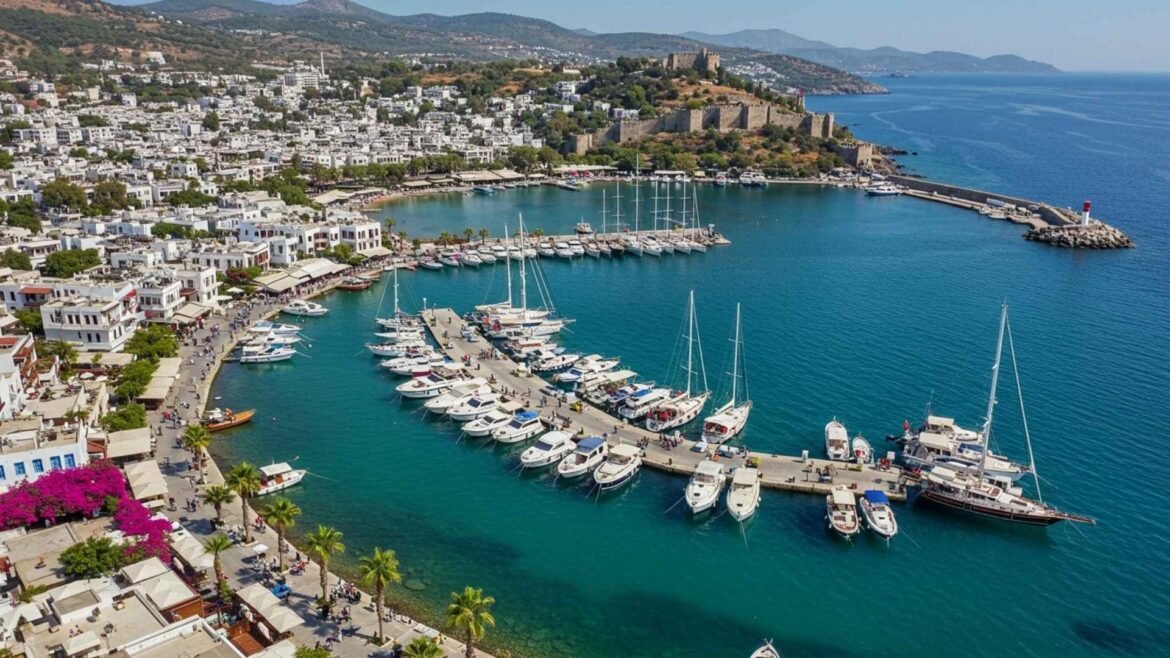 Sunset over Bodrum Marina with yachts and seaside cafés