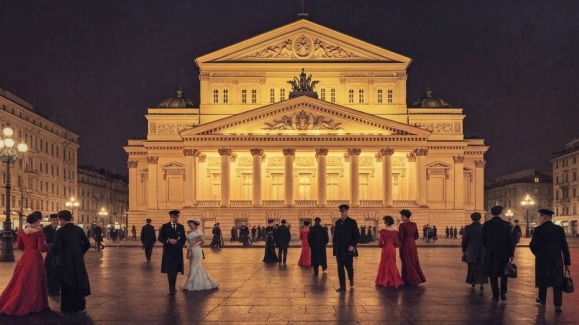 Night view of Moscow’s Bolshoi Theatre with glowing lights and visitors.