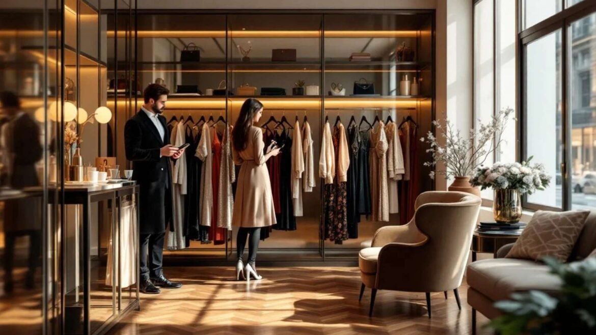 Close-up view of an elegant Moscow boutique interior where a shopper examines designer dresses while a stylist offers fashion advice.