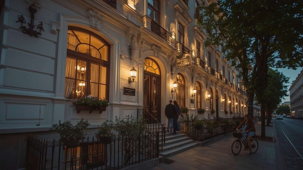 Street-level view of a boutique hotel in Moscow with restored historic facade, glowing windows, and elegant entrance.