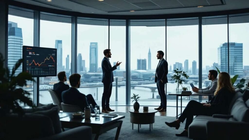 Group of corporate investors touring a premium office space in Canary Wharf with skyline views.
