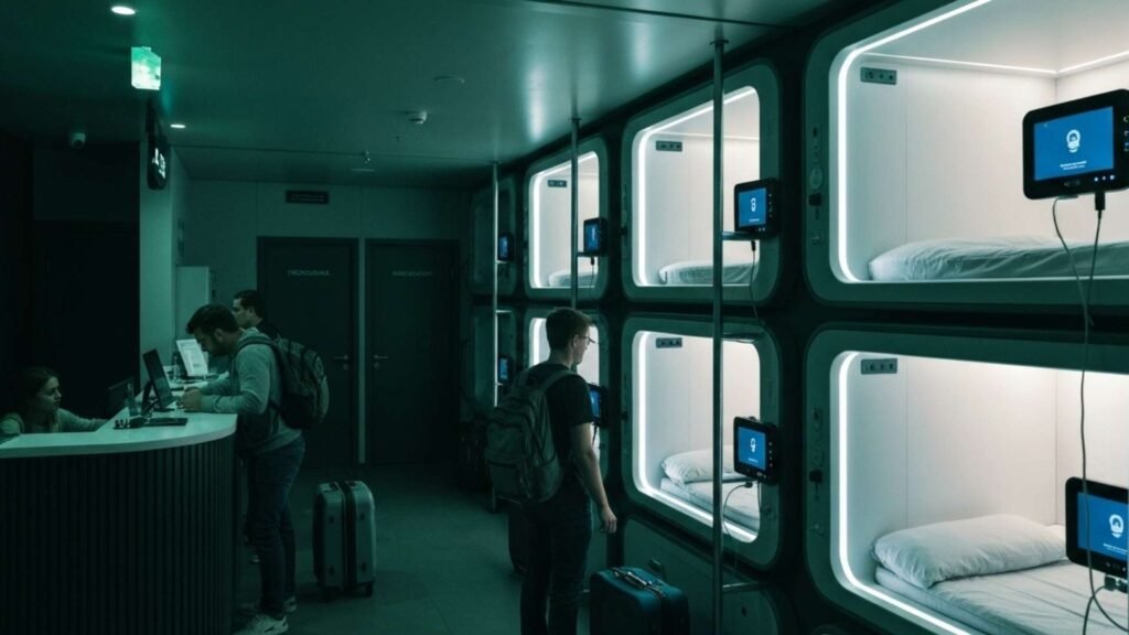 Modern capsule hotel in Moscow with LED-lit sleeping pods and travelers checking in at reception.