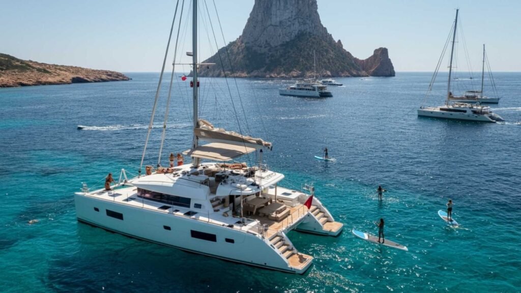 People relaxing on a catamaran at sunset near Es Vedrà island in Ibiza