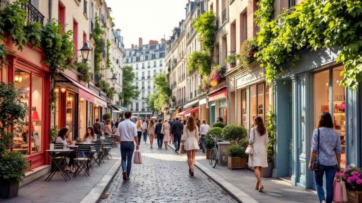 A vibrant cobblestone street in Le Marais, Paris, with boutique shops, stylish pedestrians, and sidewalk cafés in warm daylight.