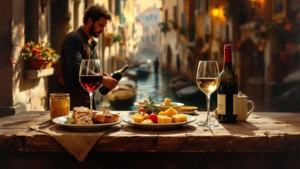Traditional Venetian cicchetti and wine on a rustic bar table inside a cozy bacaro