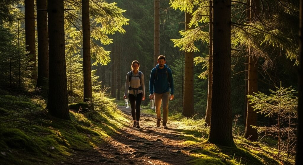A young man and woman hiking on a forest trail surrounded by tall pine trees and illuminated by soft morning sunlight. Both carry water bottles and wear outdoor gear.
