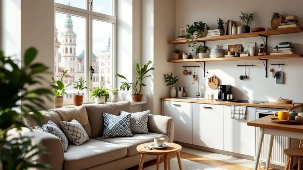 Stylish Airbnb apartment in Moscow with large windows, cozy living area, and authentic local décor.
