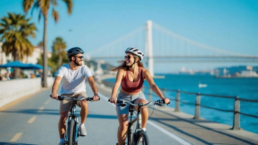Couple cycling along the Tagus River promenade with the 25 de Abril Bridge in the background.