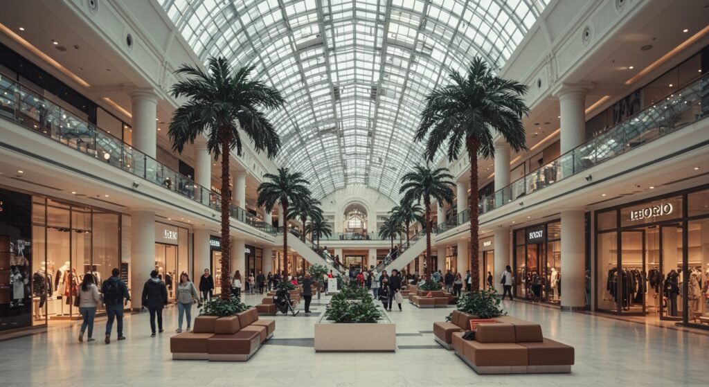Bright atrium of Dubai Mall with luxury brand stores and shoppers