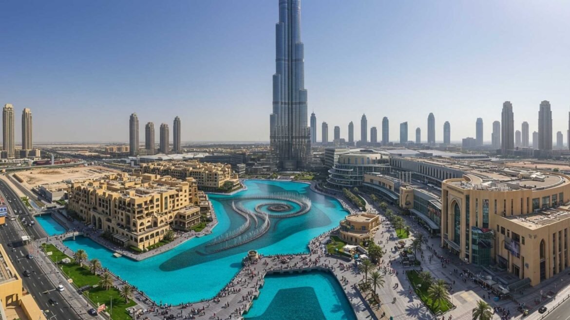 Drone-captured daytime aerial photo of Dubai Mall with the Burj Khalifa and Dubai Fountain under a clear blue sky