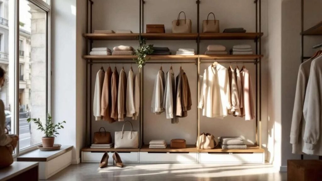 Minimalist boutique interior in Saint-Germain-des-Prés, Paris, featuring neatly arranged neutral-toned clothing, handbags, and accessories on wooden shelves with soft sunlight streaming through the window.