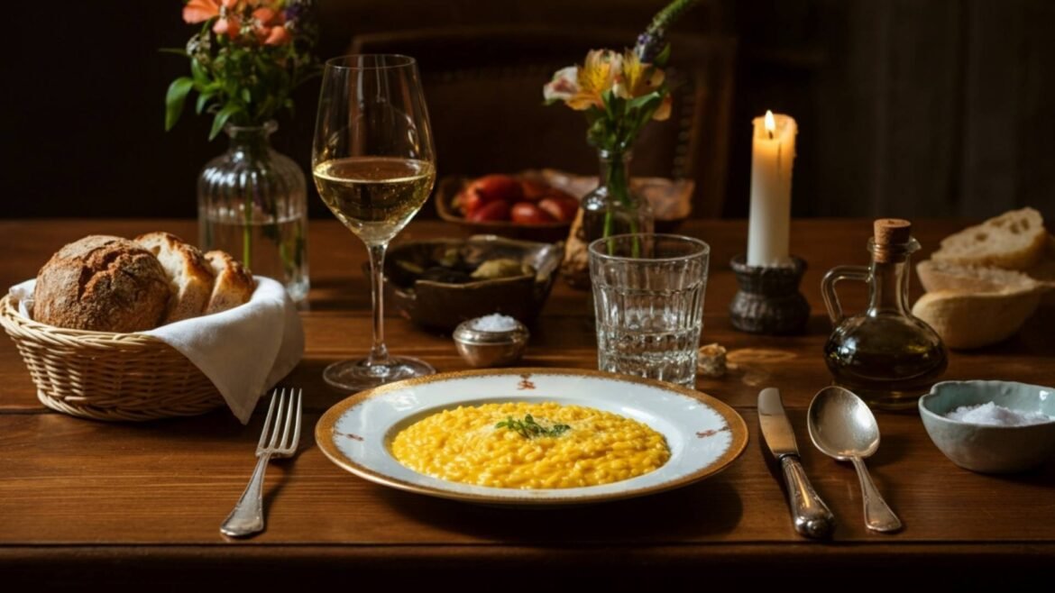 Golden saffron risotto alla Milanese served on fine porcelain with wine, bread basket, and candles in an elegant Milanese restaurant setting
