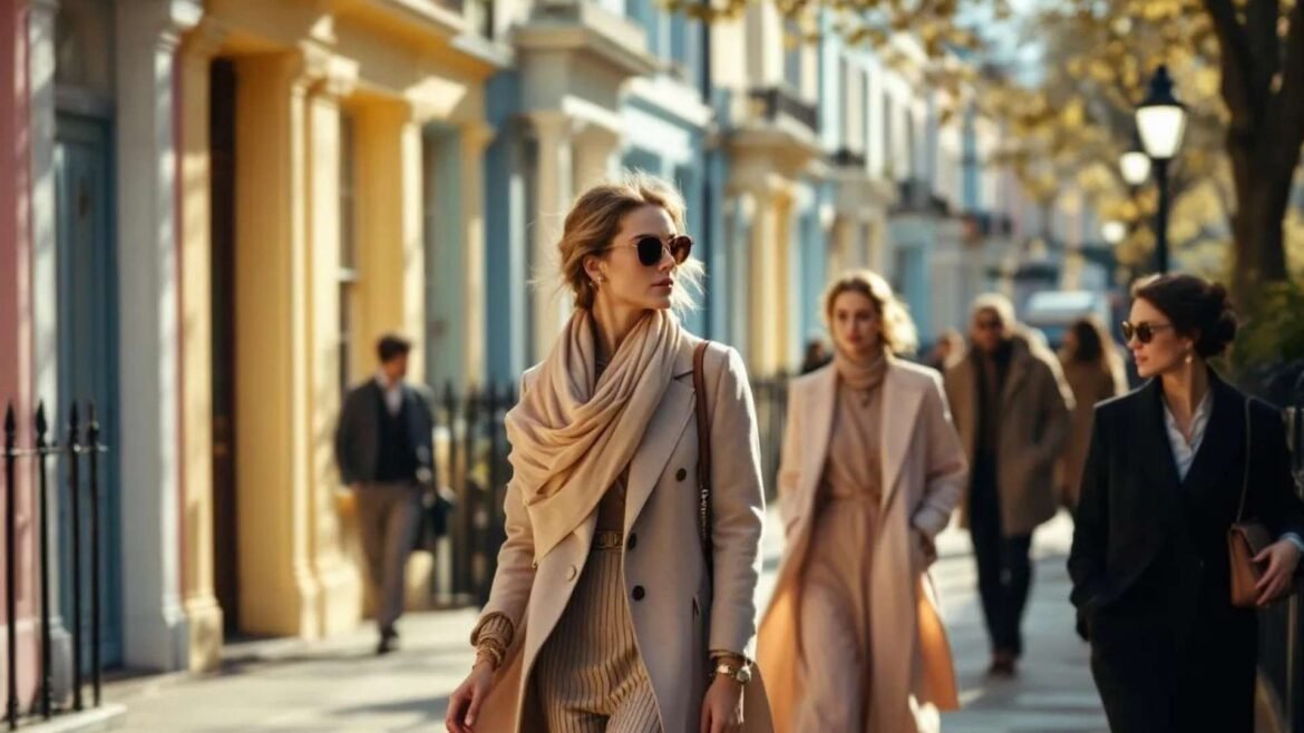 People in fashionable outfits walking past pastel-colored homes in Notting Hill on a sunny spring day